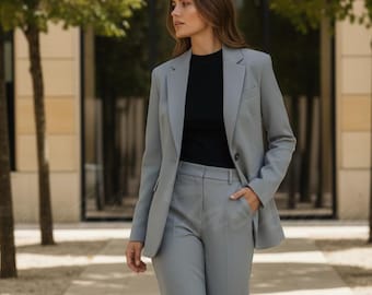 Tailored Bluish Grey Suit Set - Wide-Leg Pants & Blazer, Custom Fit
