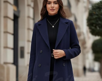 Women’s Navy Blue Long Coat | Elegant Tailored Fit | Classic Modern Outerwear