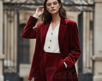 Women's Maroon Velvet Suit Set – Tailored Blazer & Wide-Leg Pants