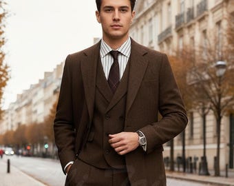 Men’s Tweed Brown Tailored Three Piece Suit | Custom Fit | Premium Formal & Office Wear