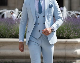 Slim Fit Sky Blue  Men's Suit - Three-Piece for Weddings and Events