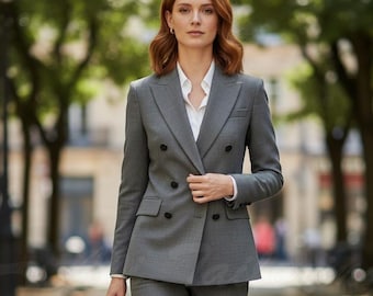 Tailored Grey Two Piece Suit Set - Women's Elegant Blazer & Wide-Leg Pants
