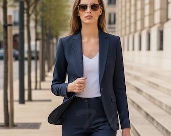 Women’s Navy Suit Set – Luxury Tailored Blazer & Wide-Leg Pants | Elegant Evening Outfit | Formal Party Wear