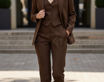 Women’s Brown Three Piece Suit Set – Luxury Tailored Blazer & Wide-Leg Pants | Elegant Evening Outfit | Formal Party Wear