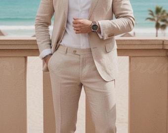 Men’s Light Beige Cream Linen Tailored Suit | Custom Fit | Premium Formal & Office Wear