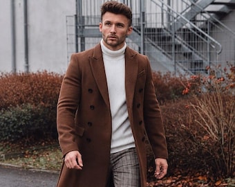 Men’s Brown Wool Overcoat, Custom Tailored Double Breasted Winter Coat, Long Formal Coat