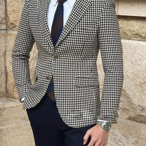 Traje de dos piezas a medida para hombre, estampado pata de gallo blanco y negro: corte personalizado.