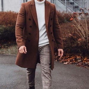 Long Wool Overcoat: Brown Trench Style - Handmade and Warm