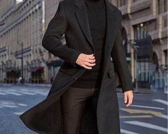 Abrigo largo de corte ajustado para hombre - Gabardina negra para eventos formales