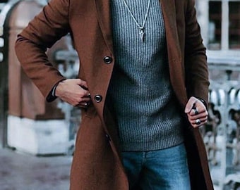 Gabardina de lana hecha a mano: Abrigo largo de invierno marrón para hombre