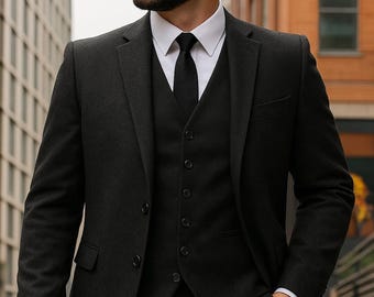 Dreiteiliger Herren-Anzug aus reiner Wolle, Tweed-Wollanzug, traditioneller Stil, schwarz