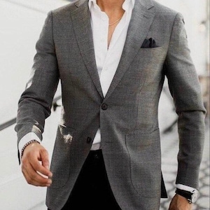 Men’s Grey Suit Blazer: Slim Fit, Patch Pockets - Custom Tailored