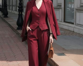 Tailored Maroon Three Piece Suit - Women's Elegant Blazer & Wide-Leg Pants