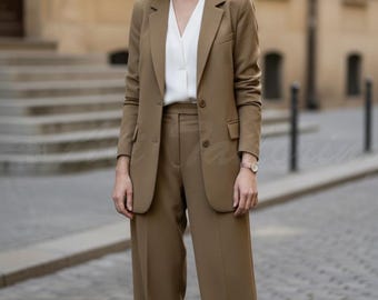 Women’s Brown Two Piece Suit Set – Luxury Tailored Blazer & Wide-Leg Pants | Elegant Evening Outfit | Formal Party Wear