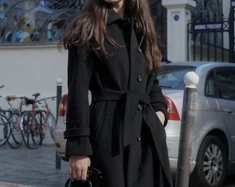 Abrigo largo de lana: elegante negro, corte entallado - suave y cálido