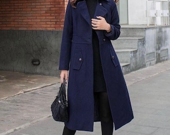 Abrigo de lana azul marino para mujer: prenda exterior larga de invierno a medida
