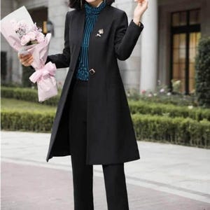 Long Women's Coat Suit: Classic Black, Single Button - Tailored Fit