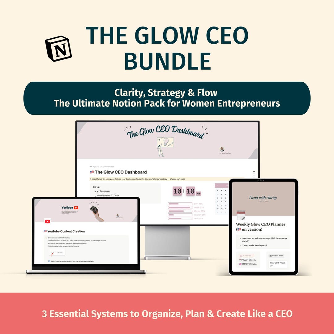 Glow CEO Bundle 3 Notion Templates for Women Entrepreneurs (business