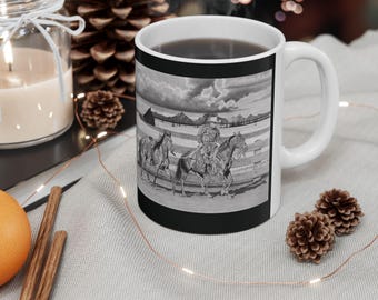 Taza de cerámica con jinete, escena de rancho del oeste, 11 oz o 15 oz