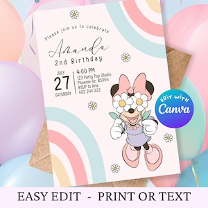 Minnie Mouse birthday invitation, Editable rainbow template, Party invitation canva template, Girl Birthday party, Minnie party, Girl party
