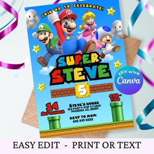 Mario Bros Invitation, Super Mario Birthday Invitation, Super Brothers boy Invite, Video Game, Kid Invite, Editable Template, Editable Canva