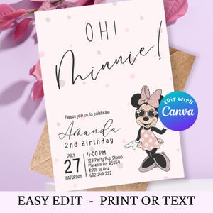Minnie Mouse birthday invitation, Editable pink template, Party invitation, Canva template, Girl Birthday party, First birthday, Twoodlers