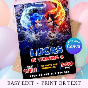 Sonic 3 Birthday Party Invitation, Sonic vs. Shadow Invitation, Super Hedgehog Boys Party Invitation, Editable Invitation Template, Sonic