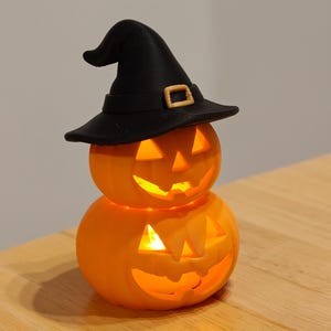 Stacked Pumpkin Jack-O&#39;-Lantern with Witch Hat - LED/Electric Tea Light holder (included)