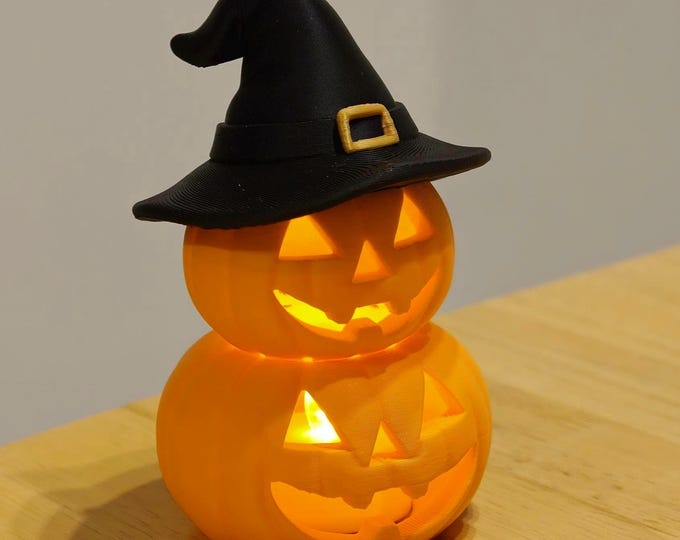 Stacked Pumpkin Jack-O'-Lantern with Witch Hat - LED/Electric Tea Light holder (included)