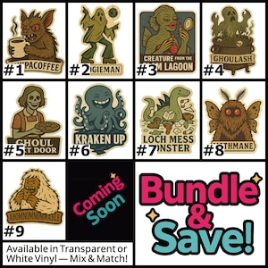 Paquete de pegatinas de juegos de palabras de Cryptid: elige 3 o 5. Pegatinas de vinilo divertidas de Cryptid. Transparentes o blancas.