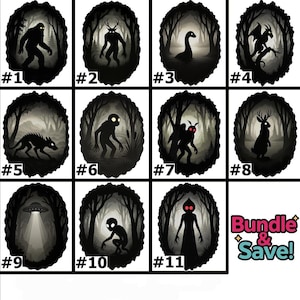 May include: A collection of eleven black and white illustrations of cryptids and mysterious creatures, including Bigfoot, a deer-like figure, and a creature in a lake. Each image is set within an oval frame with a forest background. The text "Bundle & Save!" is also included.