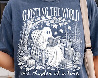 Ghosting The World Sublimation Design, Trendy Ghost Reading Png,  Retro Bookish Fall png, Trending Halloween Shirt Design