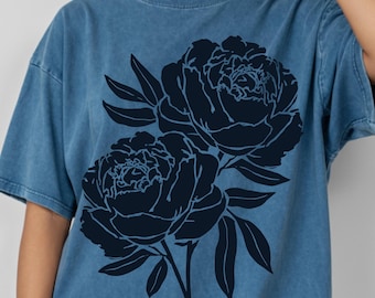 Navy Blue Linocut Flower Shirt Design, Boho Peony PNG, Vintage Peonies Sublimation Design, Trendy Png Design, CottageCore PNG, Botanical PNG