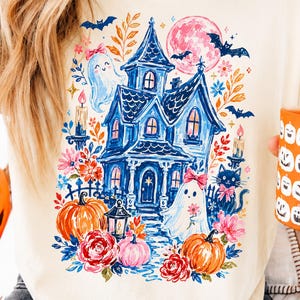 Trendy Haunted House Png, Brushstroke Halloween Sublimation Design, Girly Spooky Season Shirt Design, Trendy Floral Fall Png