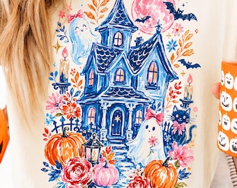 PNG de casa embrujada de moda, diseño de sublimación de Halloween con pinceladas, diseño de camiseta femenina para la temporada de Halloween, PNG floral de moda para otoño