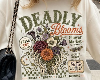 Retro Deadly Blooms Png, Trendy Halloween Sublimation Design, Vintage Autumn Shirt Design, Fall Png, Skeleton Png