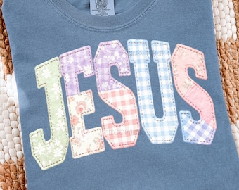 Jesus Png, Faux Quilted Religious Shirt PNG, Faux Embroidered Christian Sublimation Design, Varsity Faith Png, Preppy Cottagecore Jesus Png