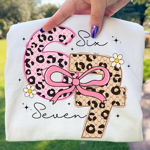 Pode incluir: Camiseta branca com os n&uacute;meros "6" e "7" em rosa e estampa de leopardo. Um la&ccedil;o rosa une os n&uacute;meros, com as palavras "Six" e "Seven" em it&aacute;lico. O design tamb&eacute;m inclui pequenas flores e estrelas.