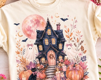 Trendy Haunted House Png, Brushstroke Halloween Sublimation Design, Girly Spooky Season Shirt Design, Trendy Floral Fall Png