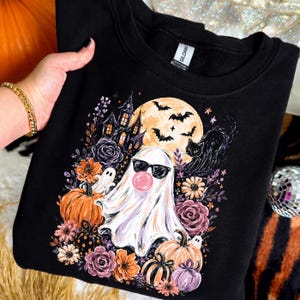 Ghost Blowing Bubble Gum Png, Brushstroke Halloween Sublimation Design, Girly Haunted House Shirt Design, Trendy Floral Fall Png image 4