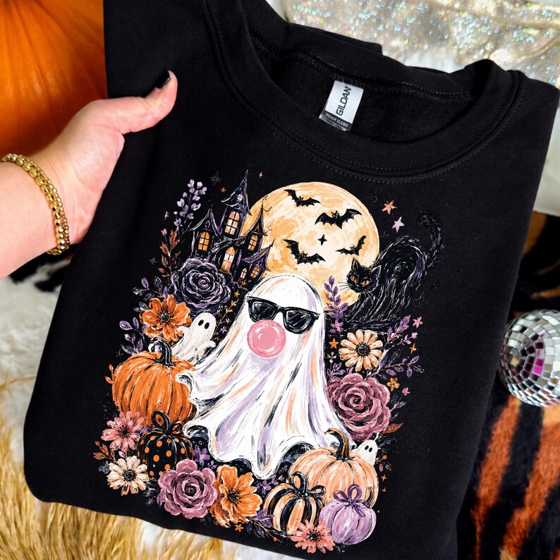 Ghost Blowing Bubble Gum Png, Brushstroke Halloween Sublimation Design, Girly Haunted House Shirt Design, Trendy Floral Fall Png image 4