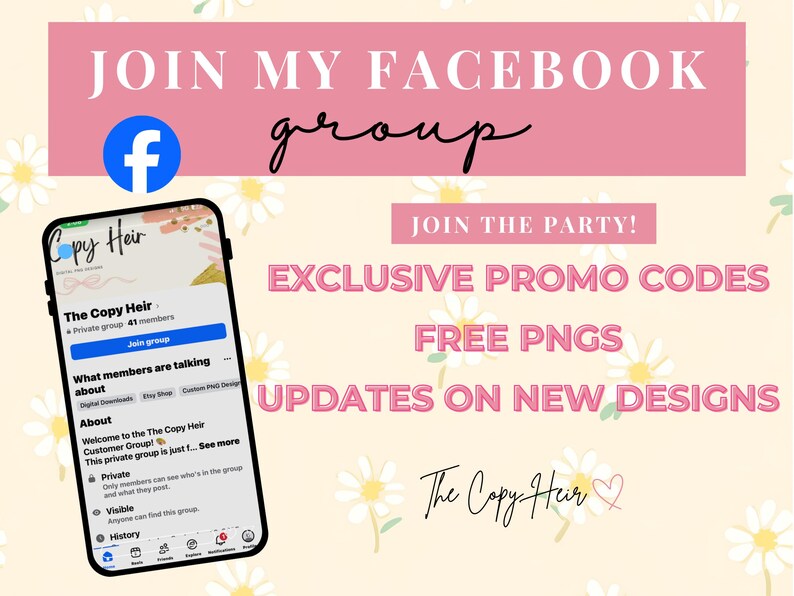 Pu&ograve; includere: Grafica promozionale con il testo "JOIN MY FACEBOOK group" e "JOIN THE PARTY!" in rosa. Uno smartphone mostra una pagina del gruppo Facebook. La grafica pubblicizza anche codici promozionali esclusivi, PNG gratuiti e aggiornamenti sui nuovi design.
