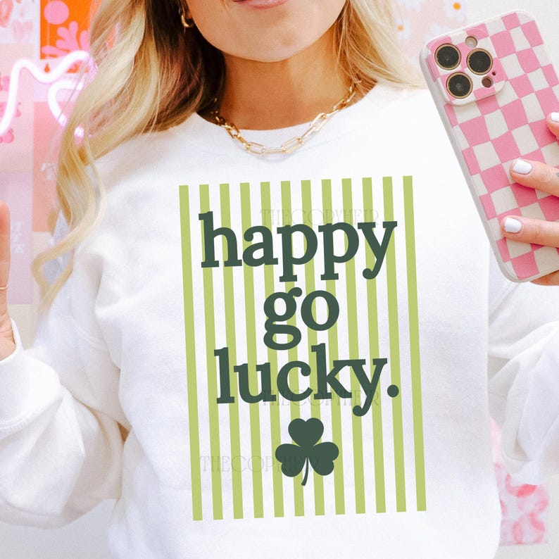 Striped Happy Go Lucky Png, St. Patrick's Day Shirt Design, Coquette St. Patty's Sublimation Design, Trendy Png Design For St. Patty's image 2