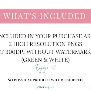 Pode incluir: Imagem de um produto digital com texto sobre fundo branco. O texto inclui "WHAT'S INCLUDED", detalhes sobre PNGs de alta resolu&ccedil;&atilde;o e uma nota de que nenhum produto f&iacute;sico ser&aacute; enviado. O texto &eacute; em preto e rosa.
