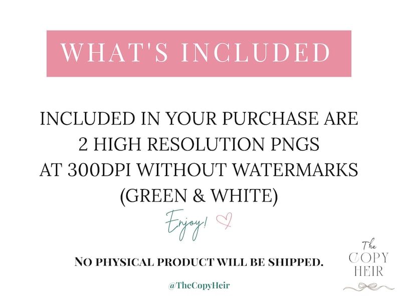 Pode incluir: Imagem de um produto digital com texto sobre fundo branco. O texto inclui "WHAT'S INCLUDED", detalhes sobre PNGs de alta resolu&ccedil;&atilde;o e uma nota de que nenhum produto f&iacute;sico ser&aacute; enviado. O texto &eacute; em preto e rosa.