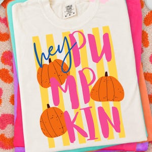 May include: Cream-colored t-shirt with the text "hey PUMPKIN" in blue and pink, featuring orange pumpkin illustrations and yellow striped background. The shirt is folded on top of other colorful shirts.