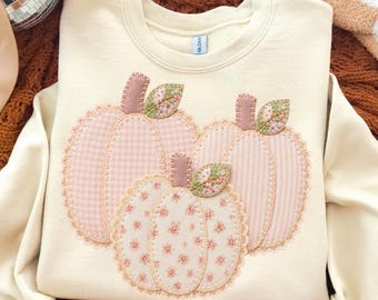 Faux Embroidery Patchwork Pumpkins Png, Gingham Pumpkin Shirt Design,  Girly Fall Sublimation Design, Floral Pumpkin Png