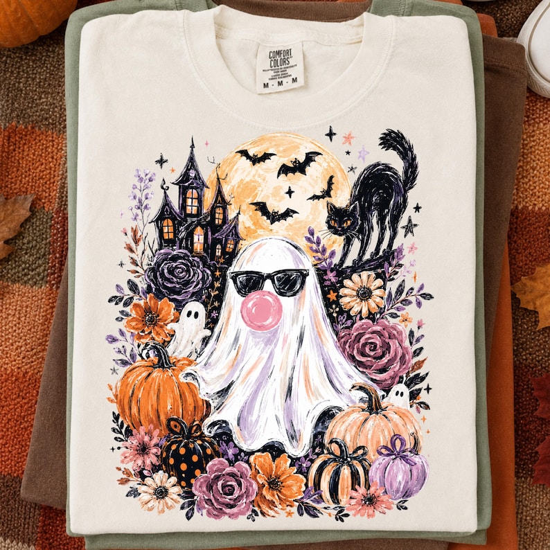 Ghost Blowing Bubble Gum Png, Brushstroke Halloween Sublimation Design, Girly Haunted House Shirt Design, Trendy Floral Fall Png image 5