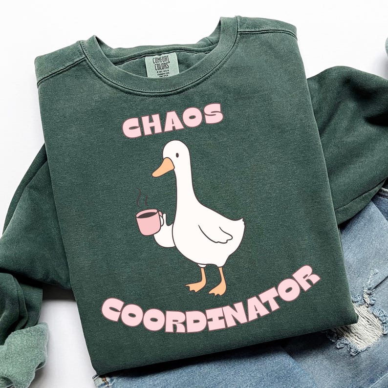 May include: Dark green sweatshirt with the words "CHAOS COORDINATOR" in pink, along with a cartoon goose holding a pink mug. The sweatshirt is made of a soft material and is perfect for casual wear.