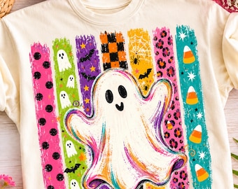 Fantasma preppy PNG, Halloween moderno PNG, Diseño de sublimación para la temporada de Halloween femenino, Diseño de camisa de otoño a rayas, Lunares PNG